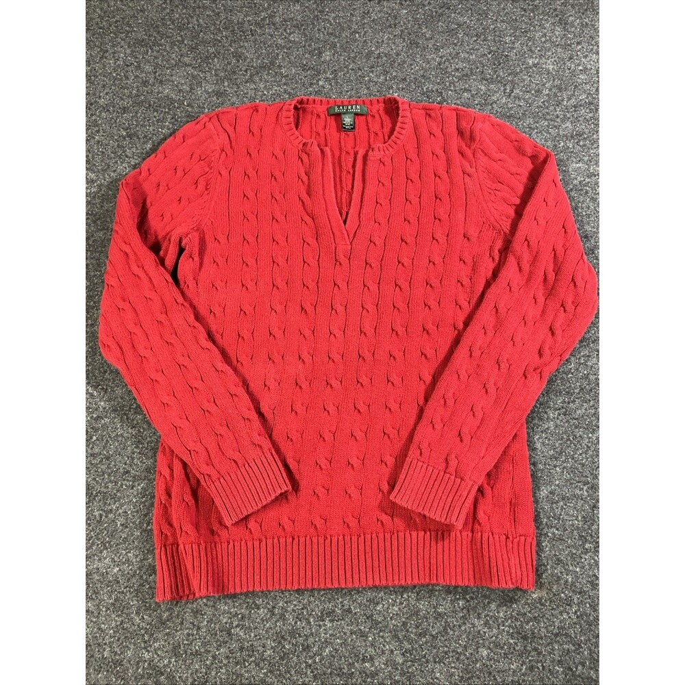 Lauren Ralph Lauren Sweater Womens Large Red Cable Knit Split V Neck Pullover